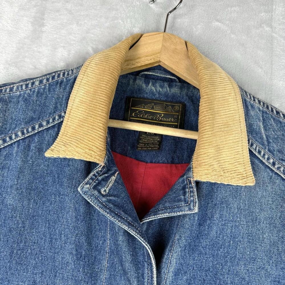 Vintage Eddie Bauer Women Denim Jean Chore Jacket Long Coat Dual Pocket Size L - Picture 3 of 9